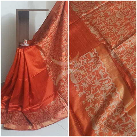 Brick red handloom raw silk with woven warli motif