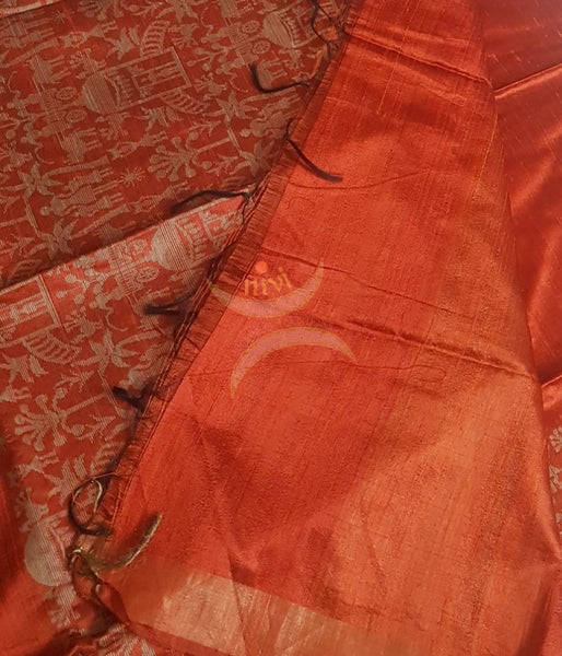 Brick red handloom raw silk with woven warli motif