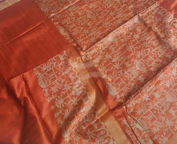 Brick red handloom raw silk with woven warli motif
