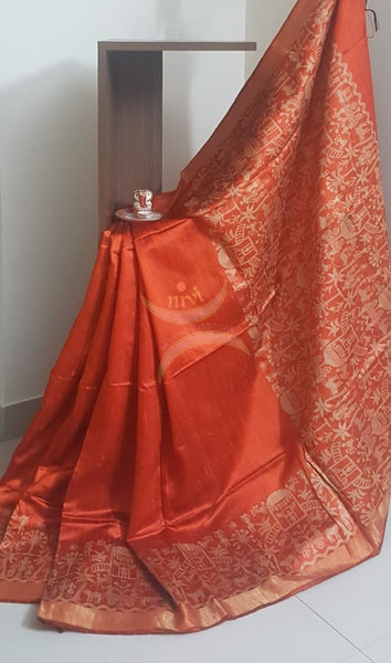 Brick red handloom raw silk with woven warli motif