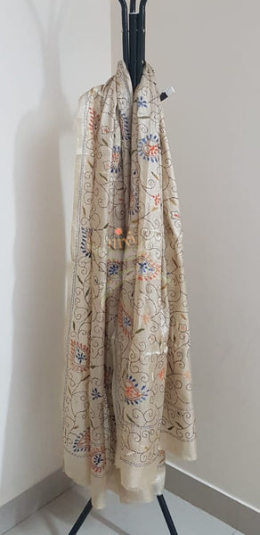 Beige Hand embroidered kantha dupattas on paper silk with multicoloured floral motif.