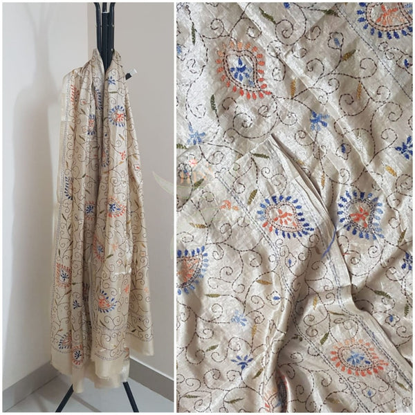 Beige Hand embroidered kantha dupattas on paper silk with multicoloured floral motif.
