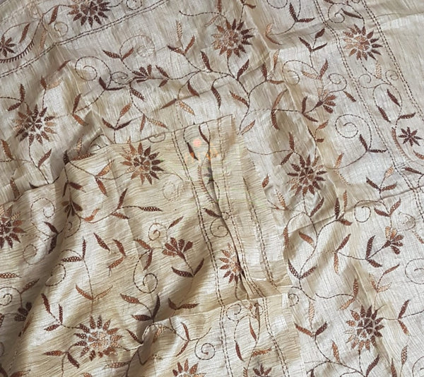 Beige Hand embroidered kantha dupattas on paper silk with brown coloured floral motif.