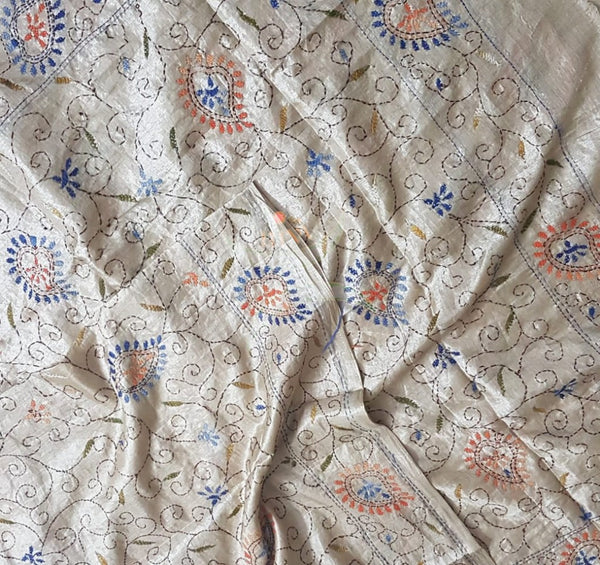 Beige Hand embroidered kantha dupattas on paper silk with multicoloured floral motif.