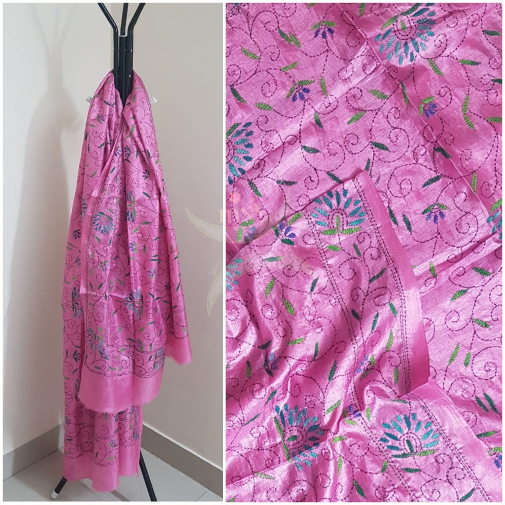 Pink Hand embroidered kantha dupattas on paper silk with multicoloured floral motif.