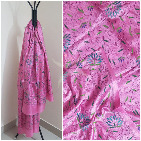 Pink Hand embroidered kantha dupattas on paper silk with multicoloured floral motif.