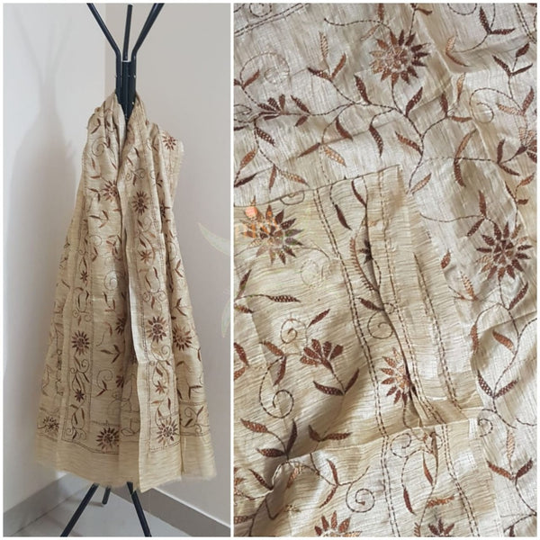 Beige Hand embroidered kantha dupattas on paper silk with brown coloured floral motif.