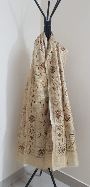 Beige Hand embroidered kantha dupattas on paper silk with brown coloured floral motif.