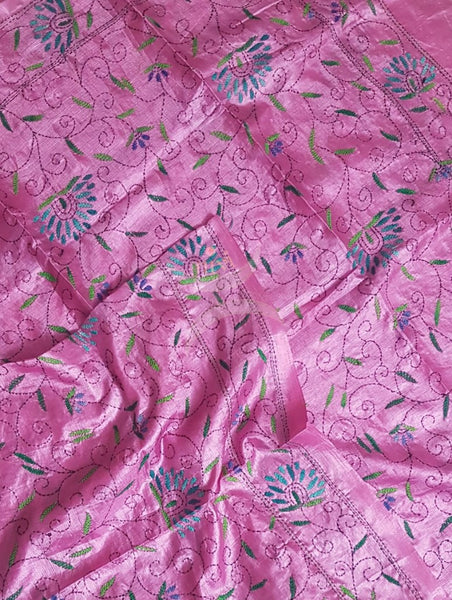 Pink Hand embroidered kantha dupattas on paper silk with multicoloured floral motif.