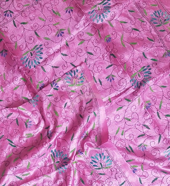 Pink Hand embroidered kantha dupattas on paper silk with multicoloured floral motif.