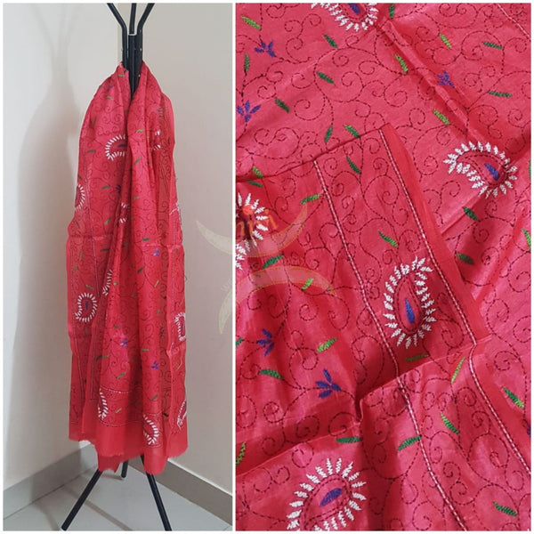 Pinkish Red Hand embroidered kantha dupattas on paper silk with multicoloured floral motif.
