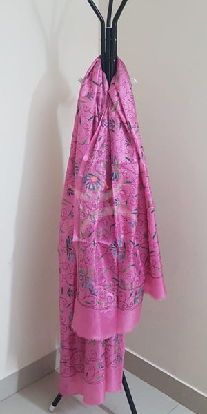 Pink Hand embroidered kantha dupattas on paper silk with multicoloured floral motif.