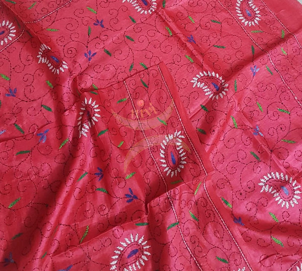 Pinkish Red Hand embroidered kantha dupattas on paper silk with multicoloured floral motif.