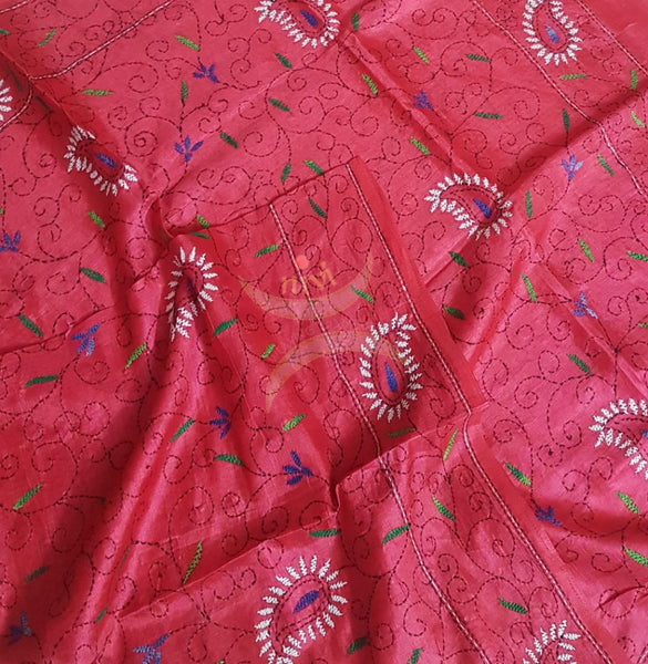 Pinkish Red Hand embroidered kantha dupattas on paper silk with multicoloured floral motif.