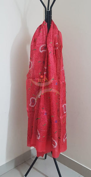 Pinkish Red Hand embroidered kantha dupattas on paper silk with multicoloured floral motif.
