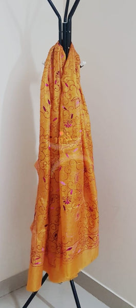 Yellow Hand embroidered kantha dupattas on paper silk with shades of pink floral motif.
