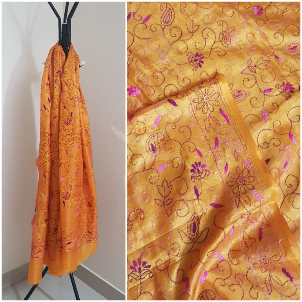 Yellow Hand embroidered kantha dupattas on paper silk with shades of pink floral motif.