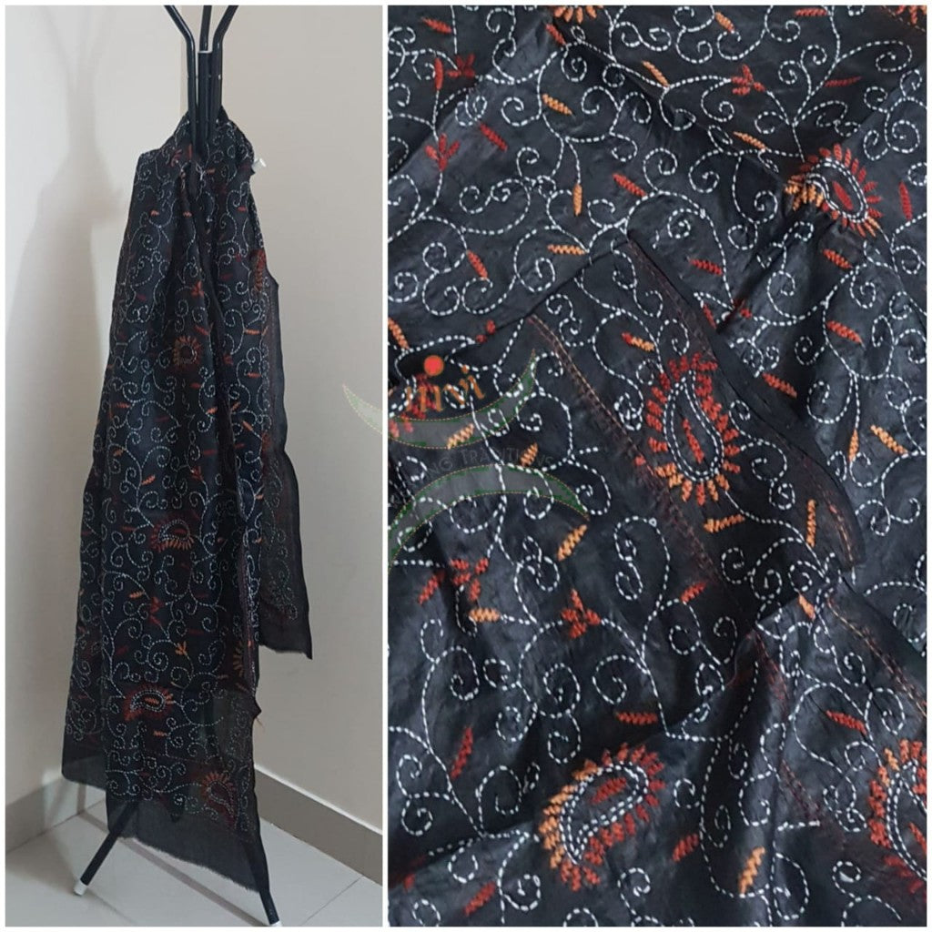 Black Hand embroidered kantha dupattas on paper silk with multicoloured floral motif.