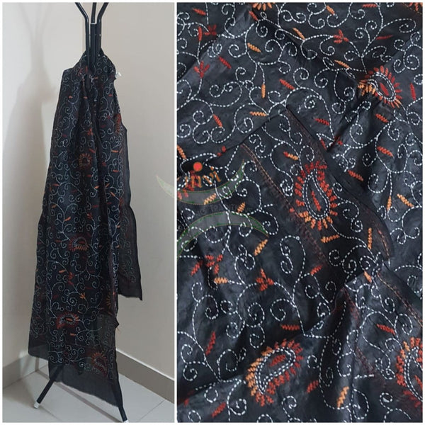 Black Hand embroidered kantha dupattas on paper silk with multicoloured floral motif.