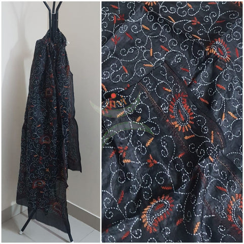 Black Hand embroidered kantha dupattas on paper silk with multicoloured floral motif.