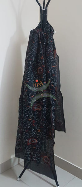 Black Hand embroidered kantha dupattas on paper silk with multicoloured floral motif.