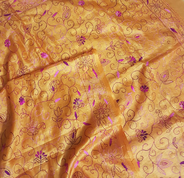 Yellow Hand embroidered kantha dupattas on paper silk with shades of pink floral motif.