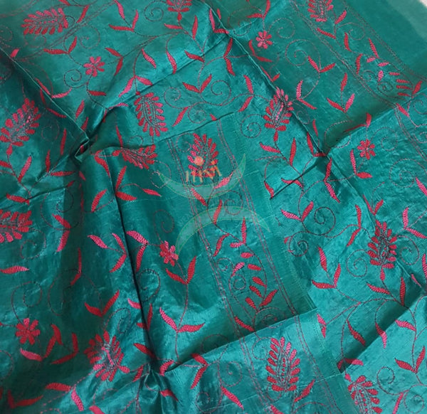 Teal Hand embroidered kantha dupattas on paper silk with shades of pink floral motif.