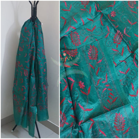 Teal Hand embroidered kantha dupattas on paper silk with shades of pink floral motif.