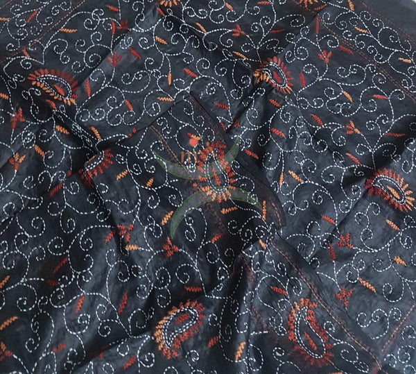 Black Hand embroidered kantha dupattas on paper silk with multicoloured floral motif.