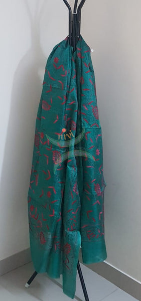 Teal Hand embroidered kantha dupattas on paper silk with shades of pink floral motif.