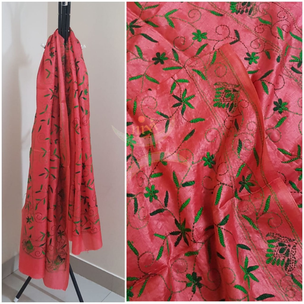 Peach Hand embroidered kantha dupattas on paper silk with shades of green floral motif.