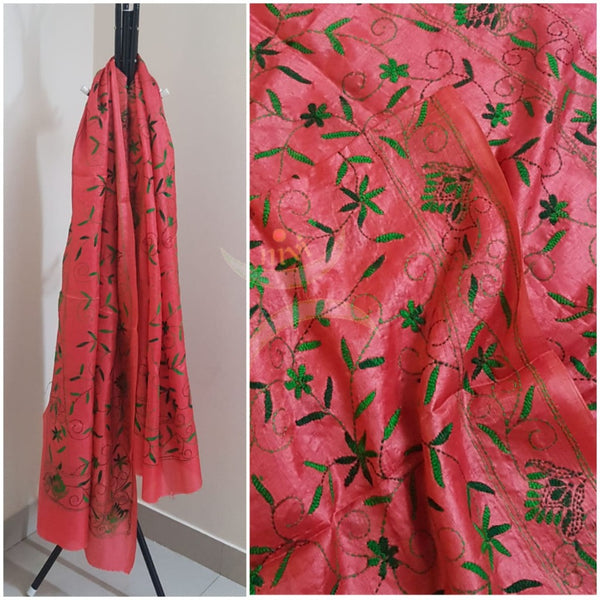 Peach Hand embroidered kantha dupattas on paper silk with shades of green floral motif.