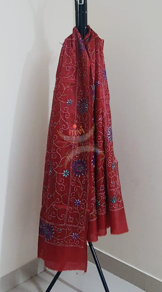 Maroon Red Hand embroidered kantha dupattas on paper silk with multicoloured floral motif.