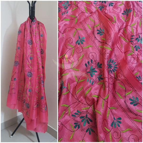 Pink Hand embroidered kantha dupattas on paper silk with multicoloured floral motif.