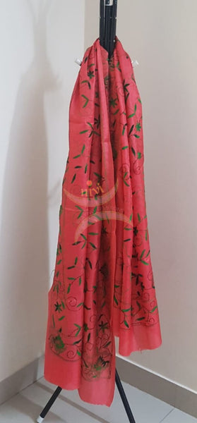 Peach Hand embroidered kantha dupattas on paper silk with shades of green floral motif.