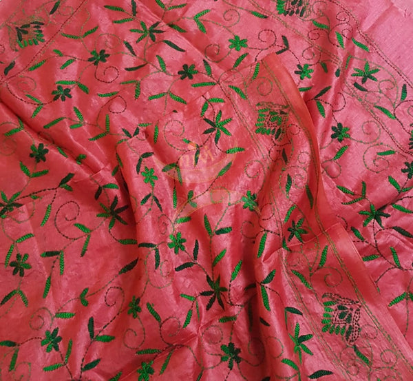 Peach Hand embroidered kantha dupattas on paper silk with shades of green floral motif.