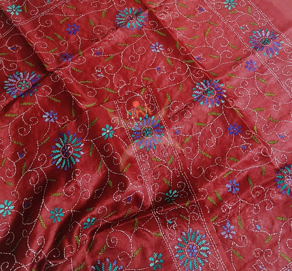 Maroon Red Hand embroidered kantha dupattas on paper silk with multicoloured floral motif.