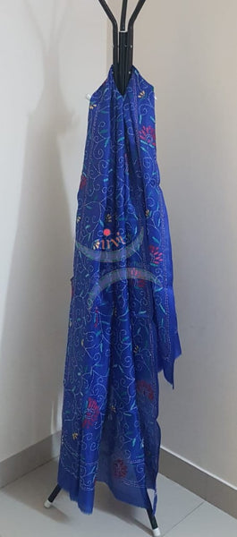Royal blue Hand embroidered kantha dupattas on paper silk with multicoloured floral motif.