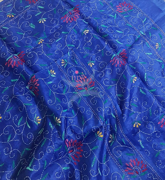 Royal blue Hand embroidered kantha dupattas on paper silk with multicoloured floral motif.
