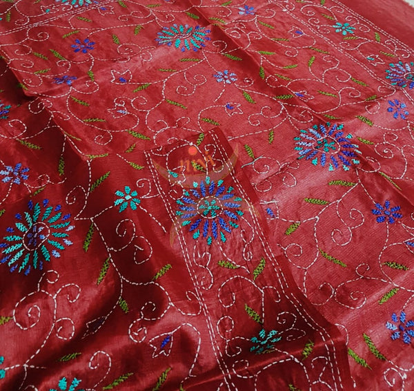 Maroon Red Hand embroidered kantha dupattas on paper silk with multicoloured floral motif.