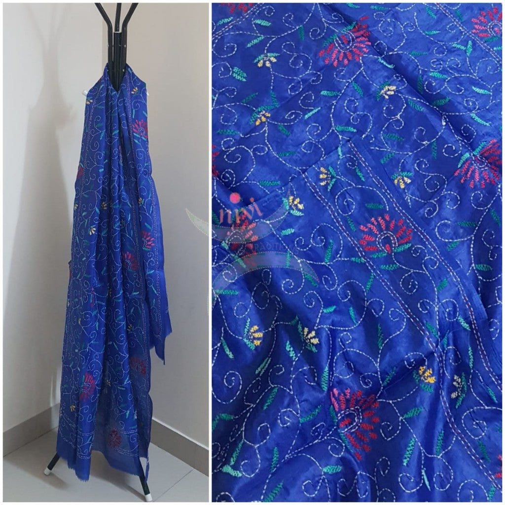 Royal blue Hand embroidered kantha dupattas on paper silk with multicoloured floral motif.