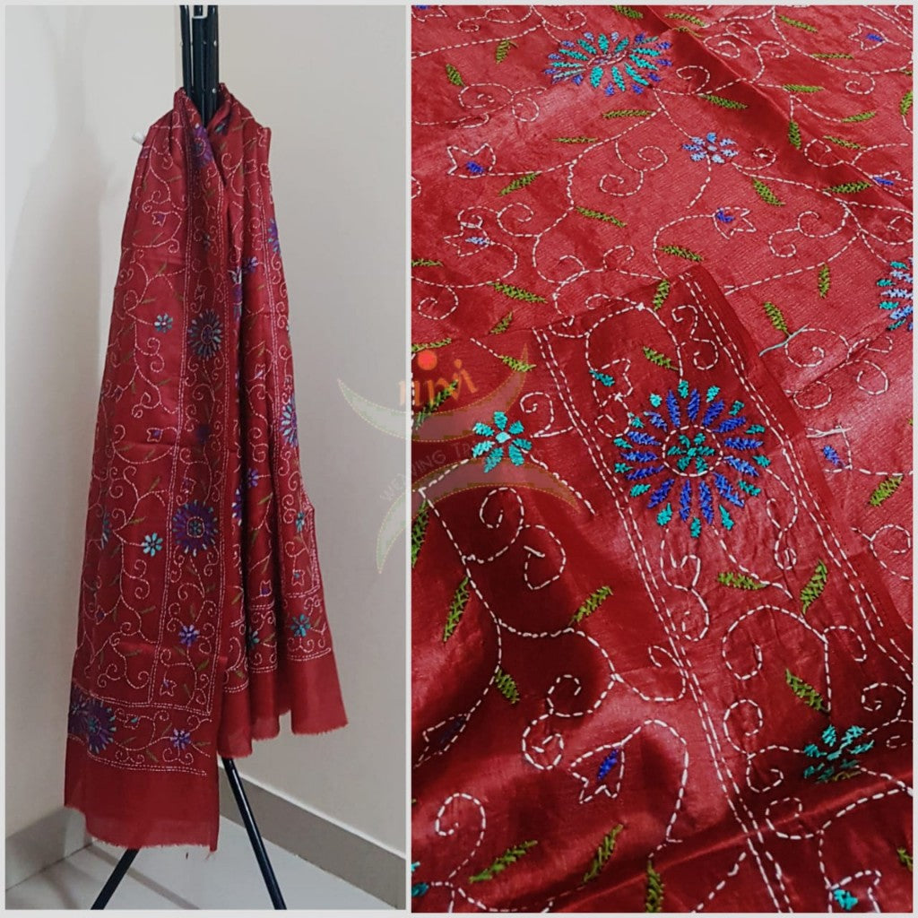 Maroon Red Hand embroidered kantha dupattas on paper silk with multicoloured floral motif.