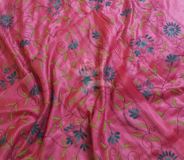 Pink Hand embroidered kantha dupattas on paper silk with multicoloured floral motif.