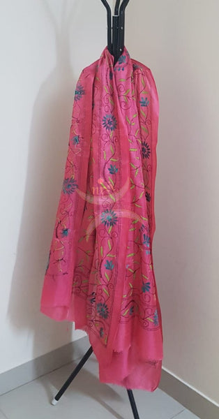 Pink Hand embroidered kantha dupattas on paper silk with multicoloured floral motif.