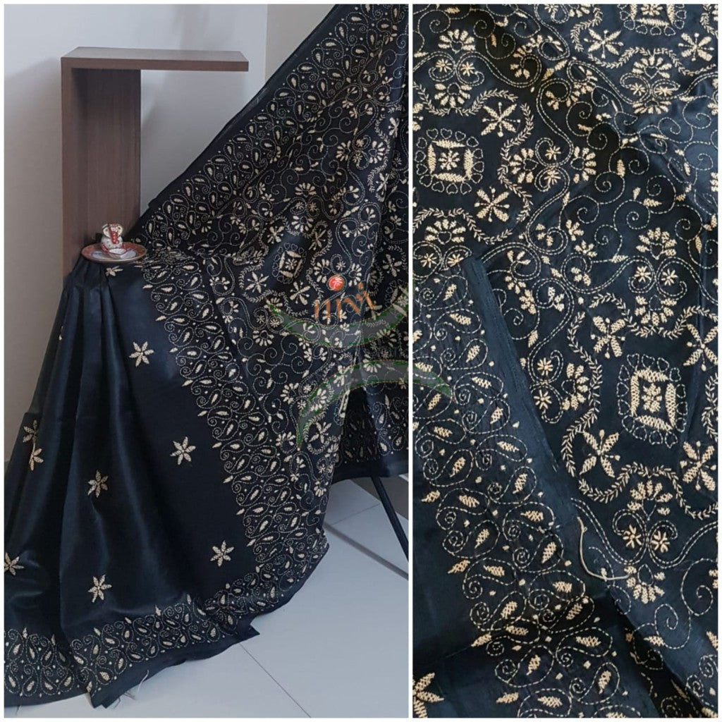 Black Hand embroidered kantha saree on paper silk with beige coloured floral motif.saree comes with running blouse.