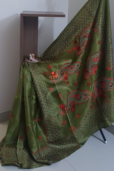 Mehendi green  Hand embroidered kantha saree on paper silk with shades of red floral and paisley motif.saree comes with running blouse.