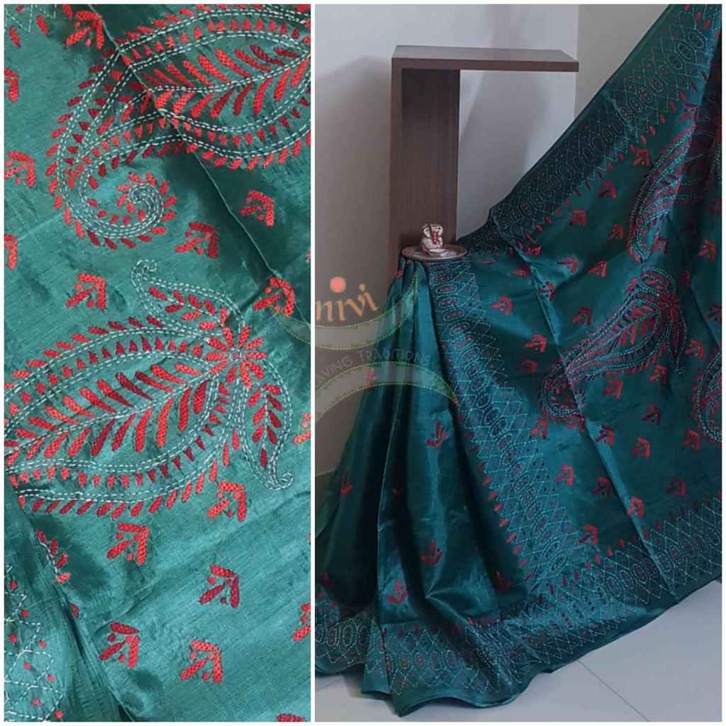 Teal Hand embroidered kantha saree on paper silk with shades of red floral and paisley motif.saree comes with running blouse.