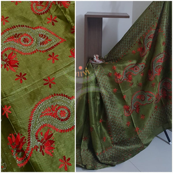 Mehendi green  Hand embroidered kantha saree on paper silk with shades of red floral and paisley motif.saree comes with running blouse.
