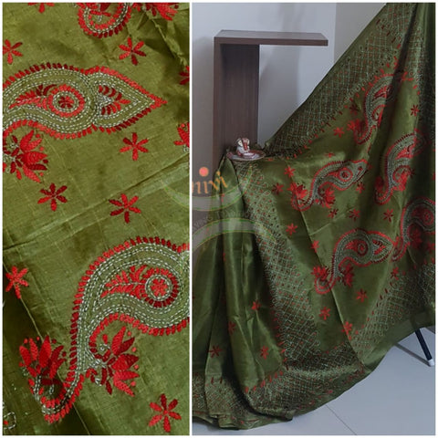Mehendi green  Hand embroidered kantha saree on paper silk with shades of red floral and paisley motif.saree comes with running blouse.