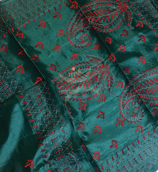 Teal Hand embroidered kantha saree on paper silk with shades of red floral and paisley motif.saree comes with running blouse.